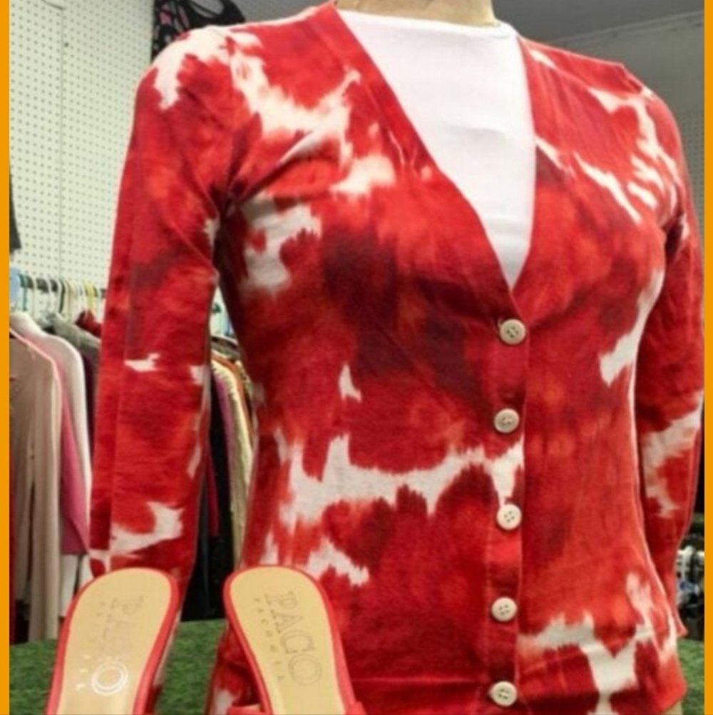 J. Crew Vivid Red and White Tie-Dye Cardigan